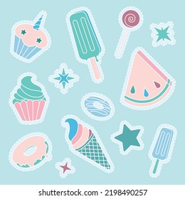 Watermelon and ice cream. Summertime, hello summer.  Elements for vector graphics, children's book illustrations, stickers or greeting cards. Cute strawberry ice cream cone, water melon and ice cream.