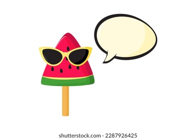 Helado de sandía con gafas de sol, divertido palo de helados, lindo personaje de chica. Comida fría, los niños postergan un icono vector aislado en el fondo blanco. Ilustración de verano