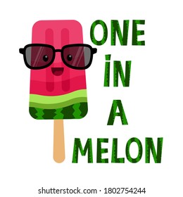 Watermelon ice cream vector icon in kawaii style with phrase. Frozen popsicle illustration. Cartoon sweet dessert. Isolated on a white background. For the design of postcards, prints on clothes, bags.