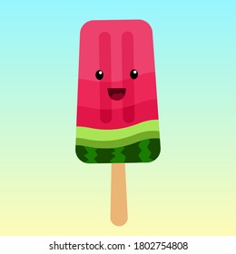 Watermelon ice cream vector icon in kawaii style. Funny frozen popsicle illustration. Cartoon sweet dessert. On a summer pastel background. For the design of postcards, prints on clothes, bags.