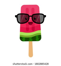 Watermelon ice cream vector icon in kawaii style in sunglasses. Frozen popsicle illustration. Cartoon sweet dessert. Isolated on a white background. For the design of postcards, prints on clothes.