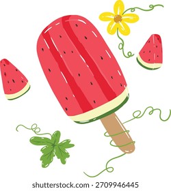 Ilustración vectorial de helado de sandía. Fruta roja y fresca. Linda ilustración de sandía.