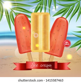 Watermelon ice cream Vector realistic. Tropic seaside background. Organic natural dessert refreshment 3d illustration