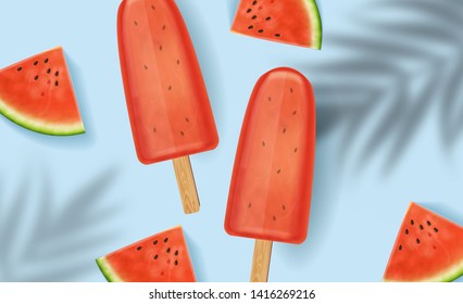 Watermelon ice cream Vector realistic. blue background. Organic natural dessert refreshment 3d illustration