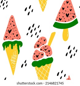 Patrón de marineros vectores de helado de sandía para niños, diseño de tela textil de patrón de verano dulce y colorido