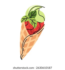Watermelon ice cream in waffle cone. Flat design  sorbet on white background. Refreshing summer dessert, sweet frozen treat. Ideal for logos, stickers, packaging design, food branding, menu