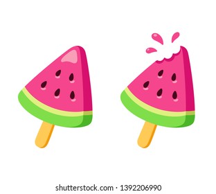 Watermelon ice cream, whole and with missing bite. Bright fruit popsicle drawing in simple cartoon style. Isolated vector illustration.