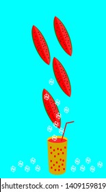 watermelon and ice go to glass change to juice on blue background