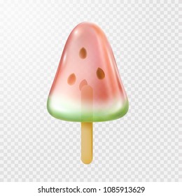 Watermelon ice lolly isolated on transparent background. Realistic melon freeze juice on stick. Vector glossy popsicle template for your summer time advertising design.