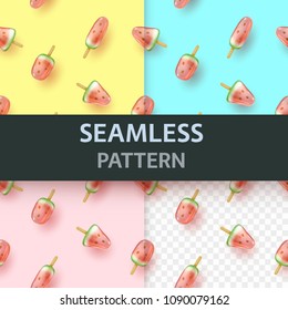 Watermelon ice lolly set isolated on color background. Realistic melon freeze juice on stick seamless pattern collection. Vector glossy popsicle template for your summer time advertising design.