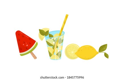 Watermelon Iceblock and Refreshing Drink with Straw Vector Set.