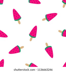 Watermelon ice-cream seamless pattern, frozen fruit  juice on a stick, red melon with black seeds, white background, modern light backdrop, packaging, wallpaper, trendy surface or fabric print, game.