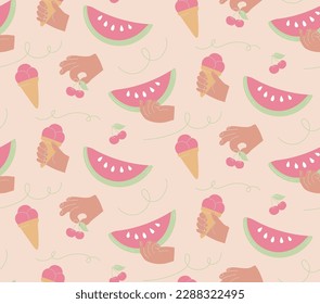 Watermelon and ice-cream summer vector illustration. Seamless pattern with fruits and berries in cartoon hands.