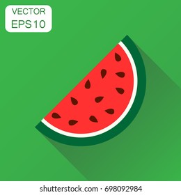 Watermelon icon. Business concept ripe fruit pictogram. Vector illustration on green background with long shadow.