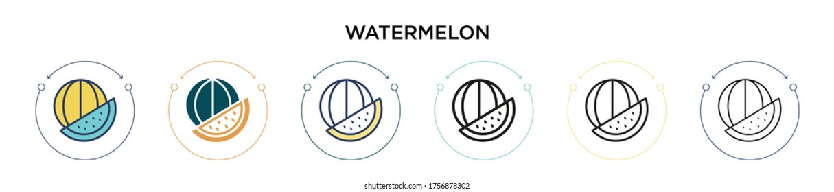 Watermelon icon in filled, thin line, outline and stroke style. Vector illustration of two colored and black watermelon vector icons designs can be used for mobile, ui, web