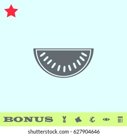 Watermelon icon flat. Grey pictogram on blue background. Vector illustration symbol and bonus buttons medal, cow, earth, eye, calculator