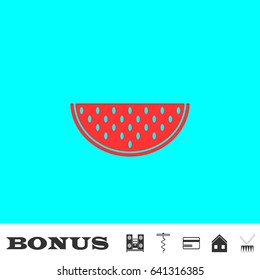 Watermelon icon flat. Red pictogram on blue background. Vector illustration symbol and bonus buttons Music center, corkscrew, credit card, house, drum