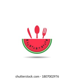 Watermelon icon in a flat style. Logo watermelon with spoon, knife and fork isolated on white background. Flat vector illustration