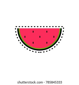 Watermelon icon in a flat style. Logo watermelon sticker with its seeds. Cartoon sticker in comics style with contour.