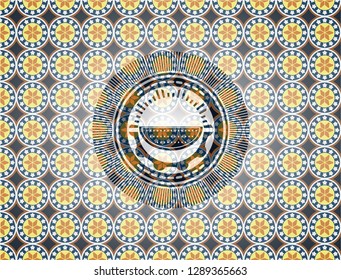 watermelon icon inside arabic badge background. Arabesque decoration.