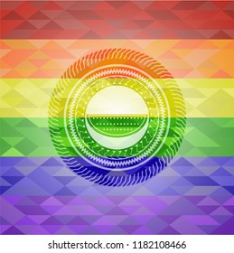  watermelon icon inside emblem on mosaic background with the colors of the LGBT flag