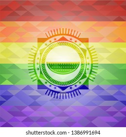 watermelon icon inside emblem on mosaic background with the colors of the LGBT flag