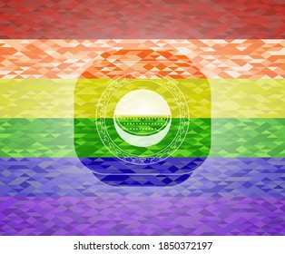 watermelon icon inside emblem on mosaic background with the colors of the LGBT flag. 