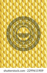 watermelon icon inside gold badge or emblem. Scales pattern. Vector Illustration. Detailed. 