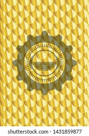 watermelon icon inside gold emblem or badge. Scales pattern. Vector Illustration. Detailed.