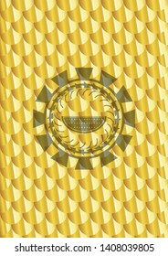 watermelon icon inside gold shiny emblem. Scales pattern. Vector Illustration. Detailed.