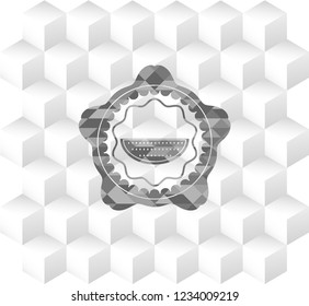 watermelon icon inside realistic grey emblem with geometric cube white background