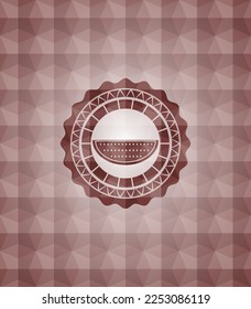 watermelon icon inside red emblem or badge with geometric pattern background. Seamless. 