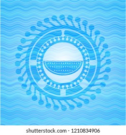 watermelon icon inside sky blue water wave style badge.