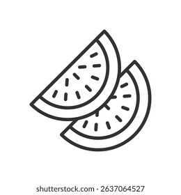Watermelon, icon in line design. Watermelons, fruit slice, summer fruit, juicy watermelons, watermelon icon, tropical fruit, fresh fruit on white background vector. Watermelon editable stroke icon