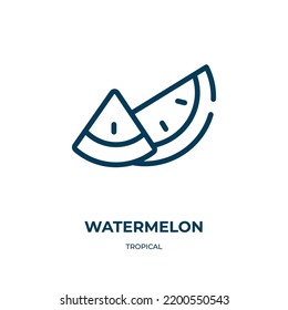 Watermelon icon. Linear vector illustration from tropical collection. Outline watermelon icon vector. Thin line symbol for use on web and mobile apps, logo, print media.