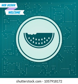watermelon icon on a green background, with arrows in different directions. It appears on the electronic board. Vector illustration