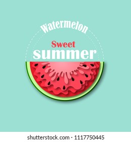 Watermelon icon in paper cut style. With black seeds. Vector Illustration isolated on white background. Template for decorative summer sale flyers, banners, cards.
