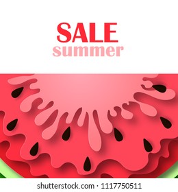 Watermelon icon in paper cut style. With black seeds. Vector Illustration isolated on white background. Template for decorative summer sale flyers, banners, cards.