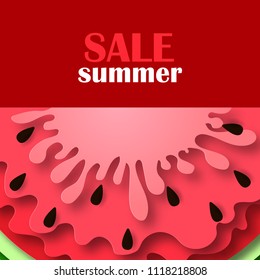 Watermelon icon in paper cut style. With black seeds. Vector Illustration isolated on white background. Template for decorative summer sale flyers, banners, cards.