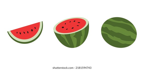 watermelon icon set. cut watermelon, whole watermelon. suitable for the theme of fruit, food, juice, plants, health, nature, etc., flat vector style.