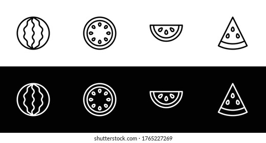 Watermelon icon set. Flat design icon collection isolated on black and white background. Fruit cut.