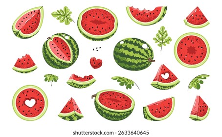 Watermelon Icon Set Flat Illustrations of Whole Fruit and Slices on White Background. Minimalist Design for Stickers, Logos, Summer Graphics, Food Packaging, Social Media and Digital Projects
