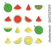 Watermelon Icon Set – Red and Yellow Fresh Fruit Slice Flat Vector Illustration