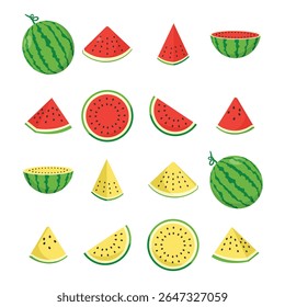 Watermelon Icon Set – Red and Yellow Fresh Fruit Slice Flat Vector Illustration