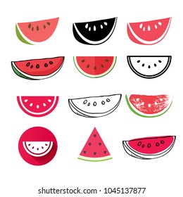 Watermelon icons big set. Different styles - flat,realistic, hand drawn, painted mosaic