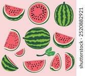 Watermelon Icons Collection. Vector Cartoon Collection of Ripe Fruit, Slices, Halves and Whole Watermelons, Flat Design