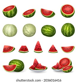 Iconos de sandía establecen el vector de dibujos animados. Preparación del tapón. Frutas frescas de verano