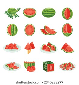 Watermelon icons set cartoon vector. Preparing cap. Fresh summer slice