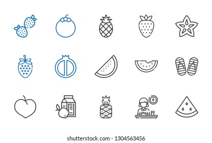 watermelon icons set. Collection of watermelon with breakfast, pineapple, plum, flip flop, strawberry, carambola, mangosteen. Editable and scalable watermelon icons.