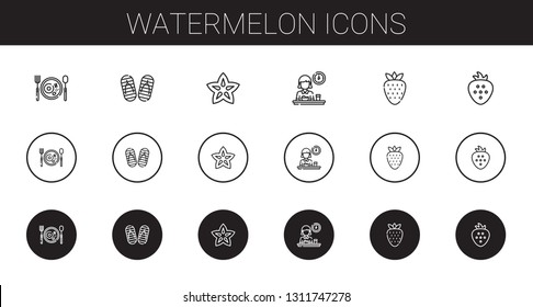 watermelon icons set. Collection of watermelon with breakfast, flip flop, carambola, strawberry. Editable and scalable watermelon icons.